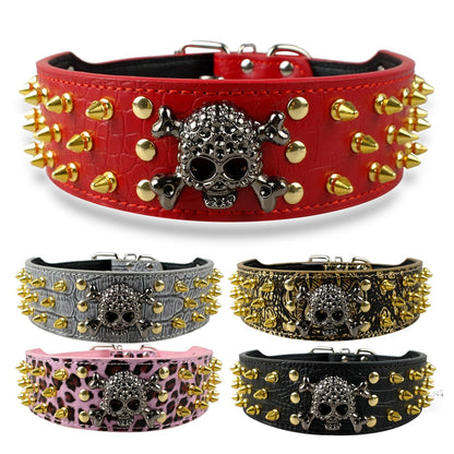 2" Wide Spiked Studded Leather Dog Collar Bullet Rivets With Cool Skull Pet Accessories For Meduim Large Dogs Pitbull Boxer S-XL