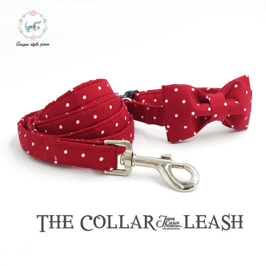 Unique Style Paws Red Dot Dog Collar with Bow tie and Leash Personal Custom Adjustable Pet Cotton Dog &Cat Necklace