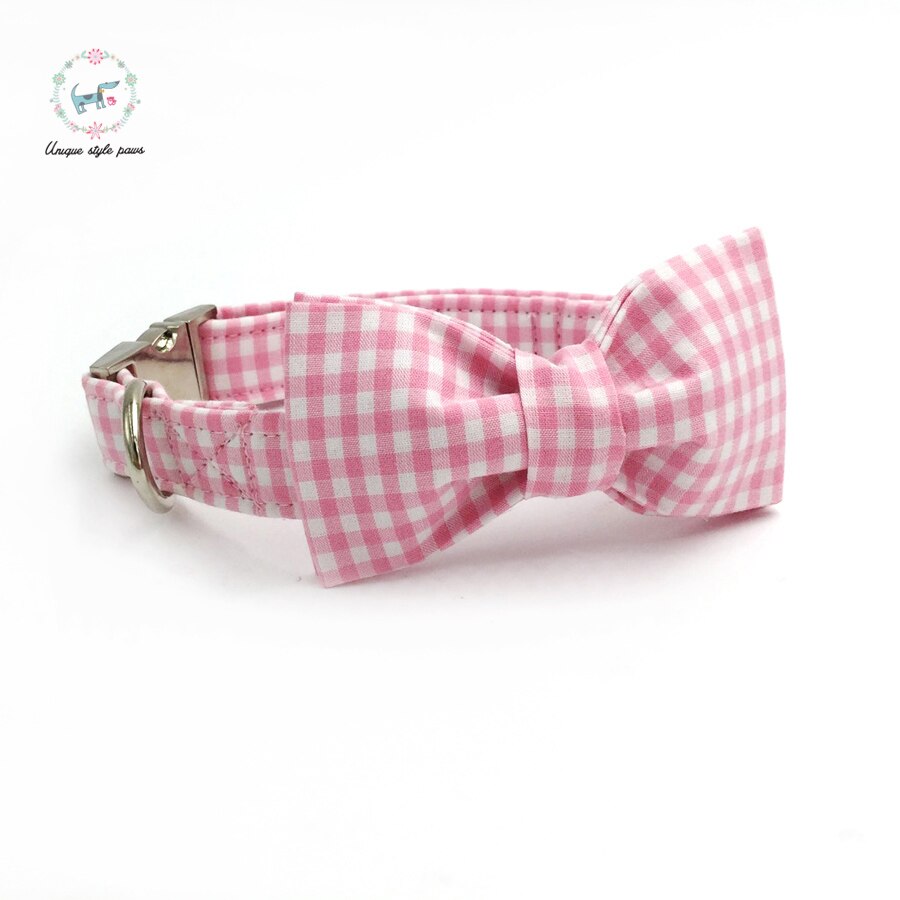 Pink And White Dog Collar And Leash Set With Bow Tie Personal Custom Adjustable Pet Puppy 100% Cotton Dog Party Gift