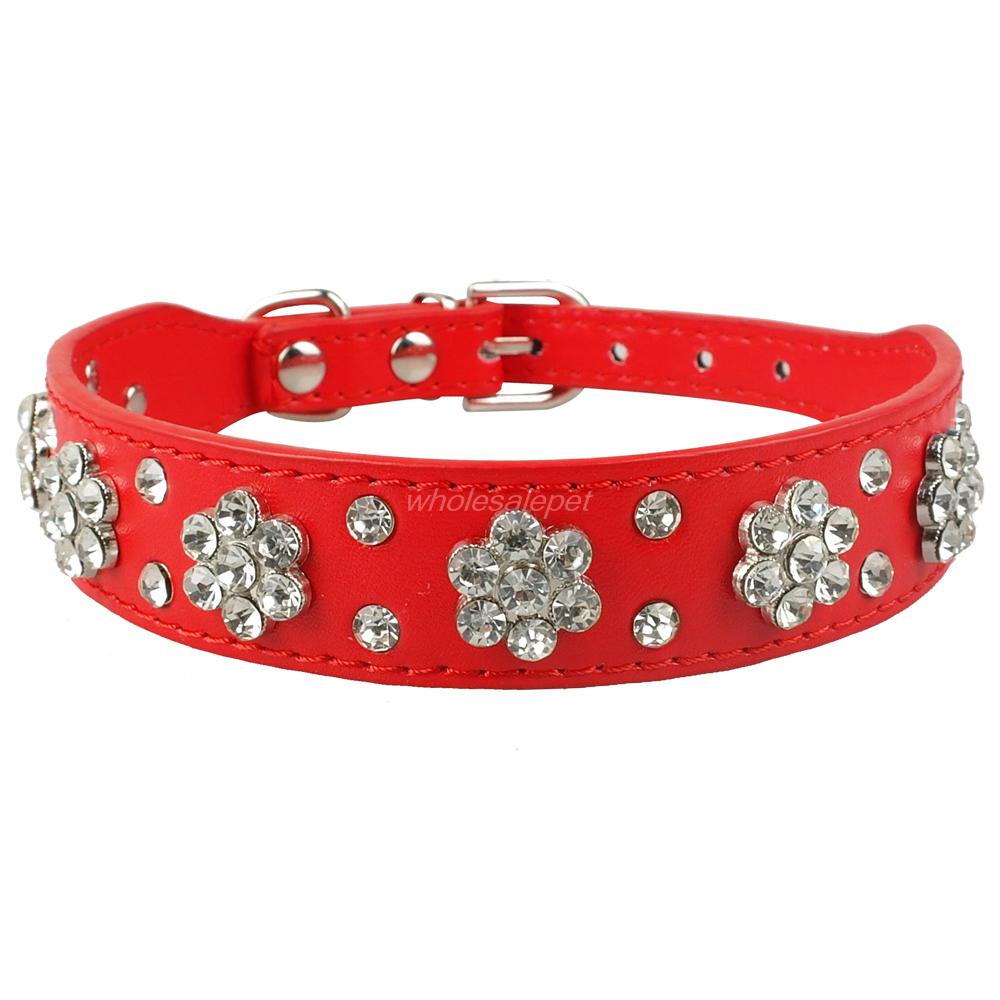 Didog Rhinestone Dog Collar Diamante Leather Pet Puppy Necklace Bling Crystal Studded Cat Collars Pink Red For Small Medium Dogs