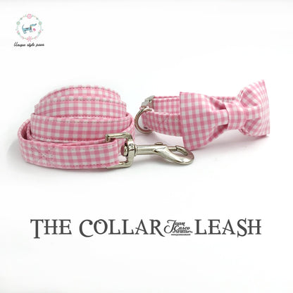 Pink And White Dog Collar And Leash Set With Bow Tie Personal Custom Adjustable Pet Puppy 100% Cotton Dog Party Gift