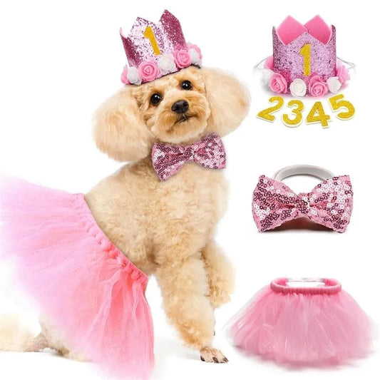 Cute Pet Birthday Costume Set Fashion Sequin Birthday Hat with Bowtie Tutu Skirt Pet Clothing & Accessories Cat Dog Supplies